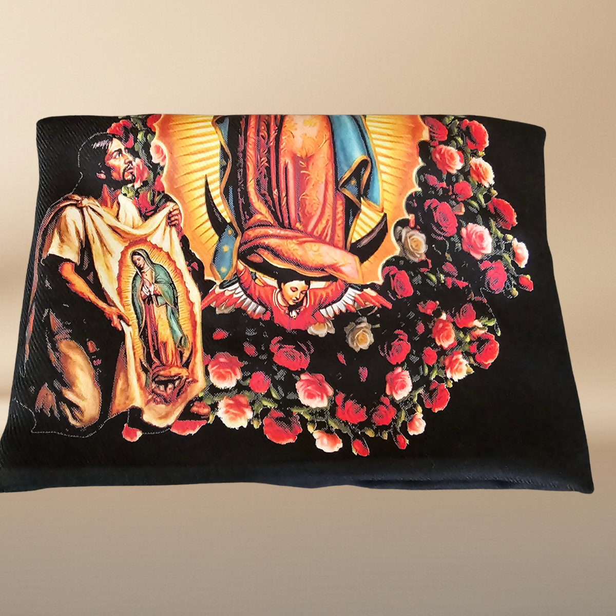 Our Lady of Guadalupe Black Rebozo Shawl – DTF Halftone Print