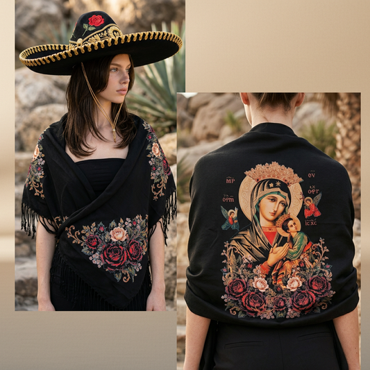 Our Lady of Perpetual Help Black Rebozo Shawl – DTF Halftone Print