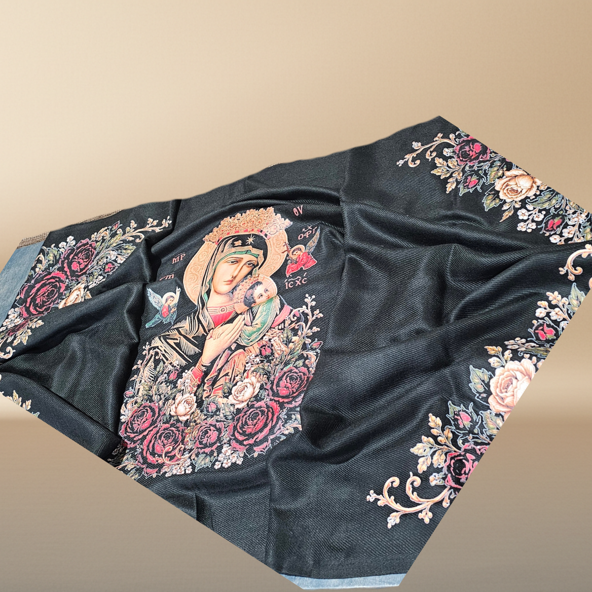 Our Lady of Perpetual Help Black Rebozo Shawl – DTF Halftone Print