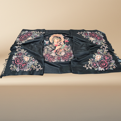 Our Lady of Perpetual Help Black Rebozo Shawl – DTF Halftone Print