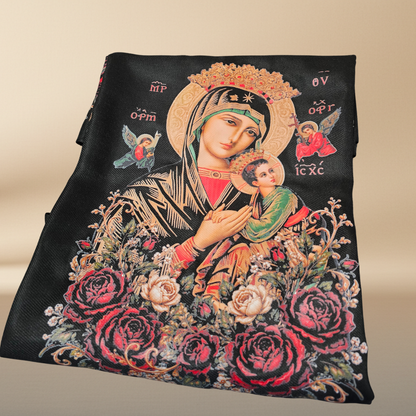 Our Lady of Perpetual Help Black Rebozo Shawl – DTF Halftone Print