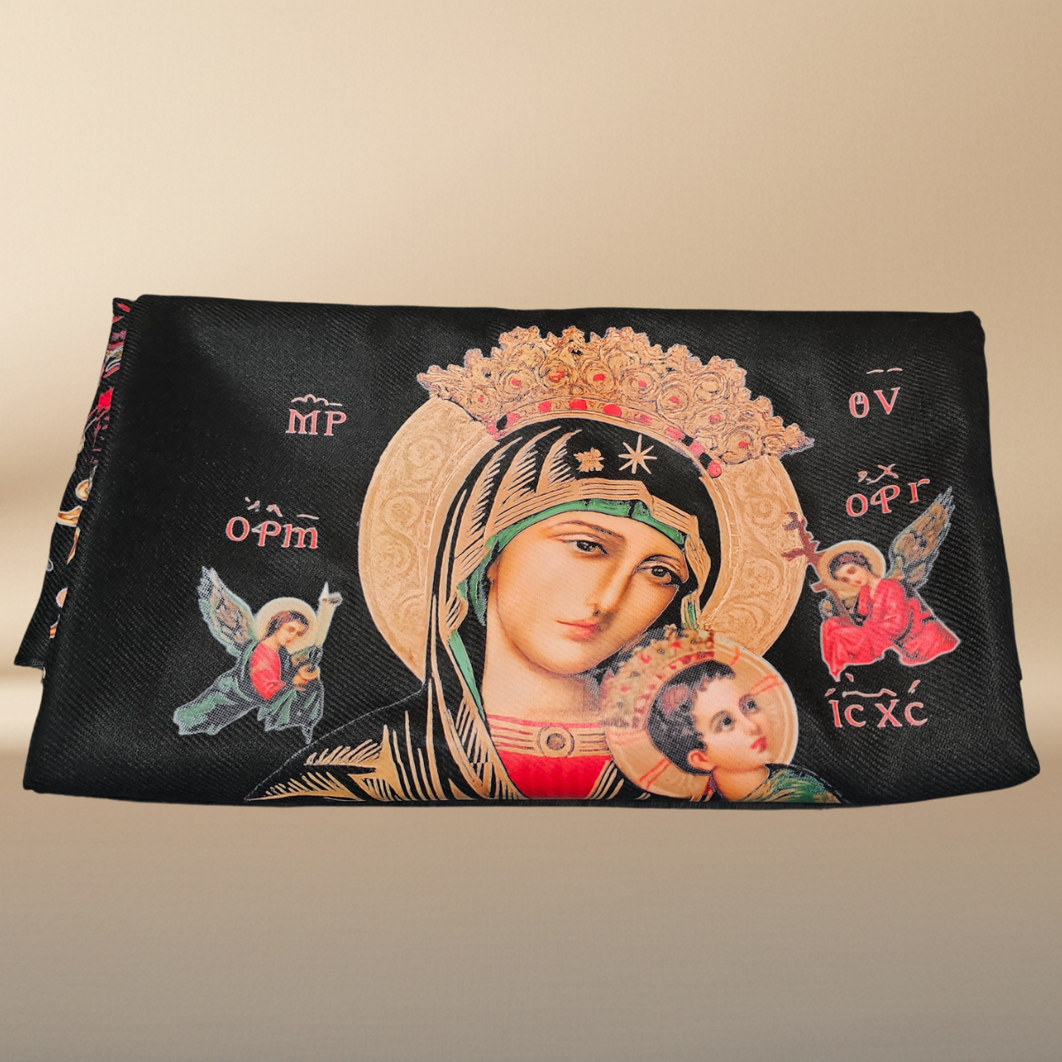Our Lady of Perpetual Help Black Rebozo Shawl – DTF Halftone Print