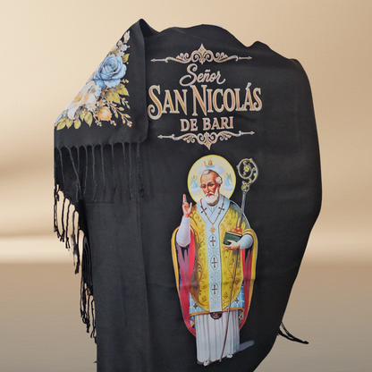 Saint Nicholas of Bari Black Rebozo Shawl – DTF Halftone Print
