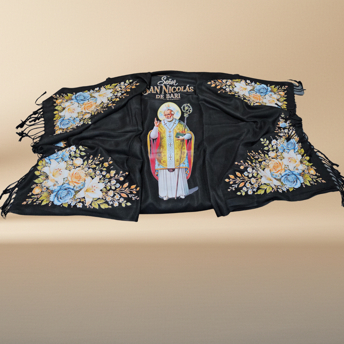 Saint Nicholas of Bari Black Rebozo Shawl – DTF Halftone Print