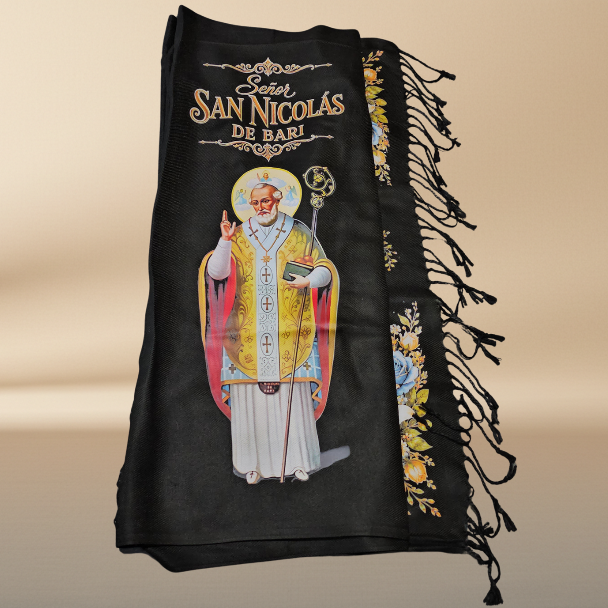 Saint Nicholas of Bari Black Rebozo Shawl – DTF Halftone Print