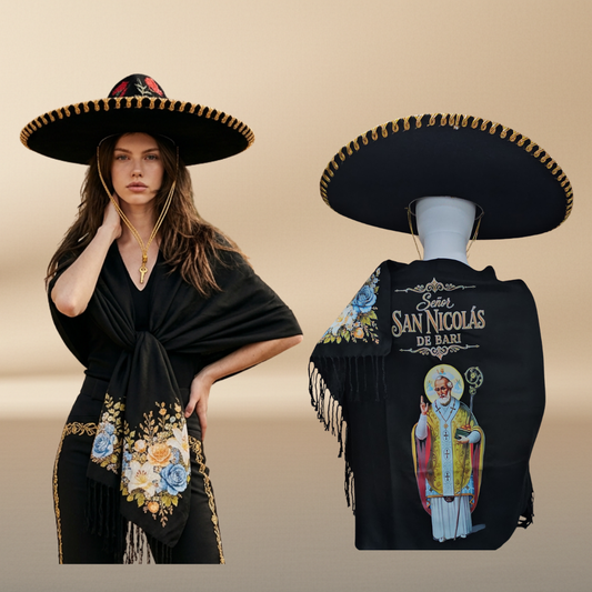 Saint Nicholas of Bari Black Rebozo Shawl – DTF Halftone Print