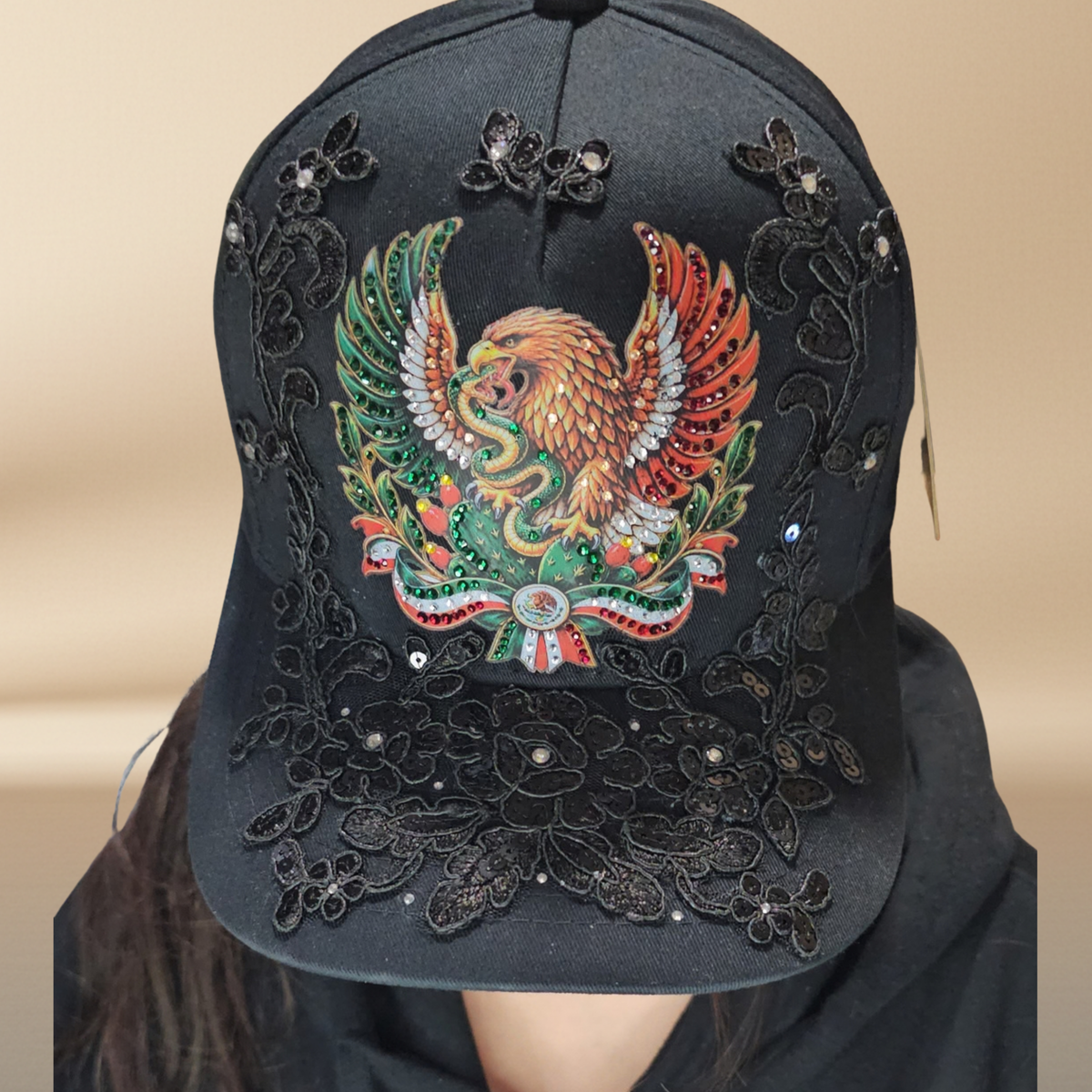 NAJ Headwear Mexican Eagle Statement Cap – Hand-Finished Rhinestone &amp; Lace Design