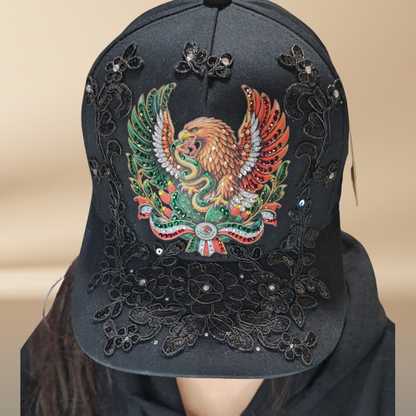 NAJ Headwear Mexican Eagle Statement Cap – Hand-Finished Rhinestone &amp; Lace Design