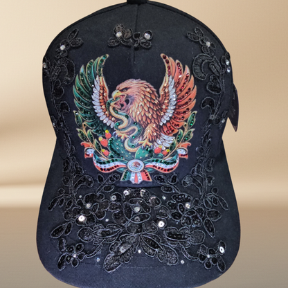 NAJ Headwear Mexican Eagle Statement Cap – Hand-Finished Rhinestone &amp; Lace Design