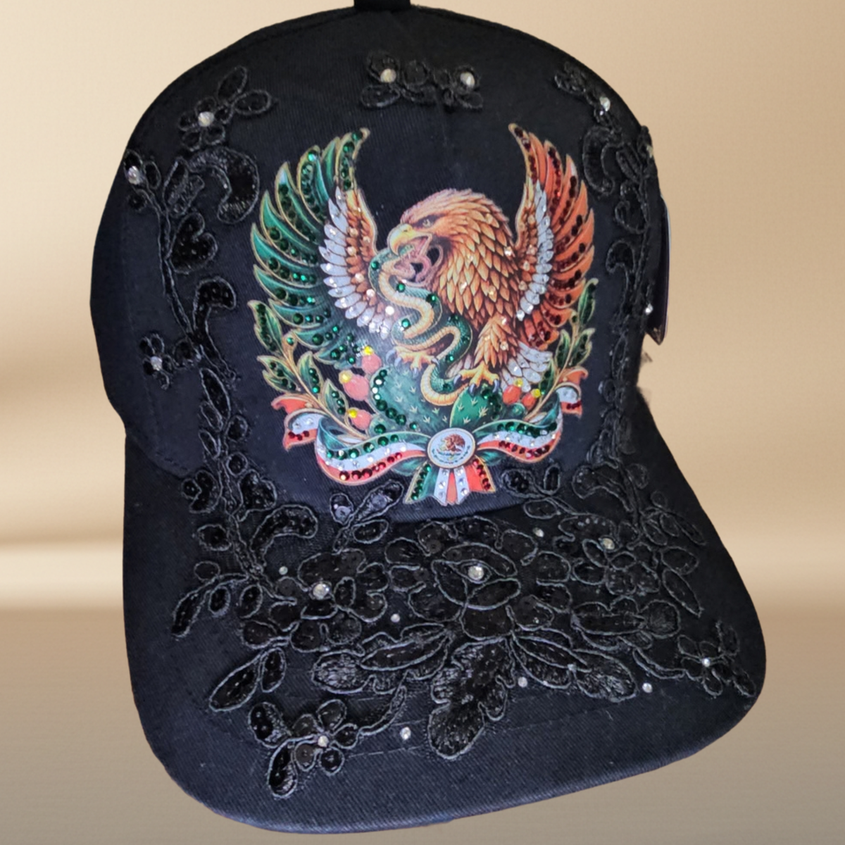NAJ Headwear Mexican Eagle Statement Cap – Hand-Finished Rhinestone &amp; Lace Design