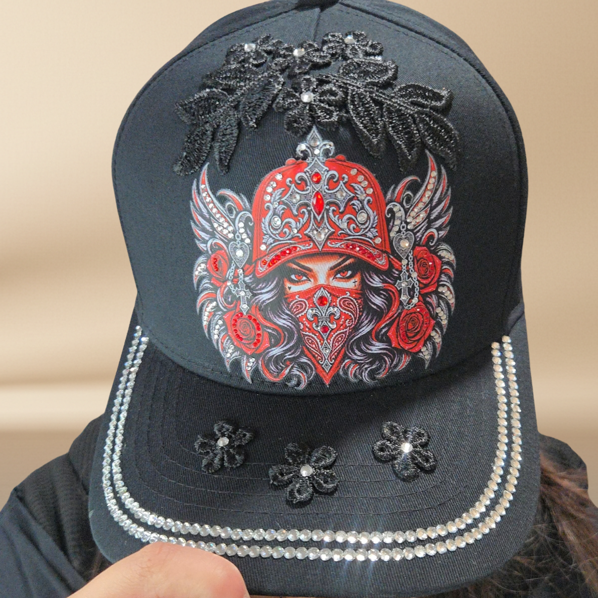Masked Queen Embellished Black Cap | NAJ DESIGN