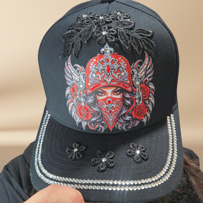 Masked Queen Embellished Black Cap | NAJ DESIGN