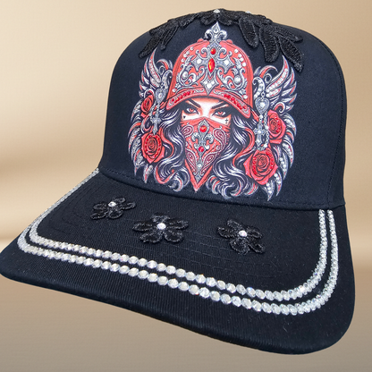 Masked Queen Embellished Black Cap | NAJ DESIGN