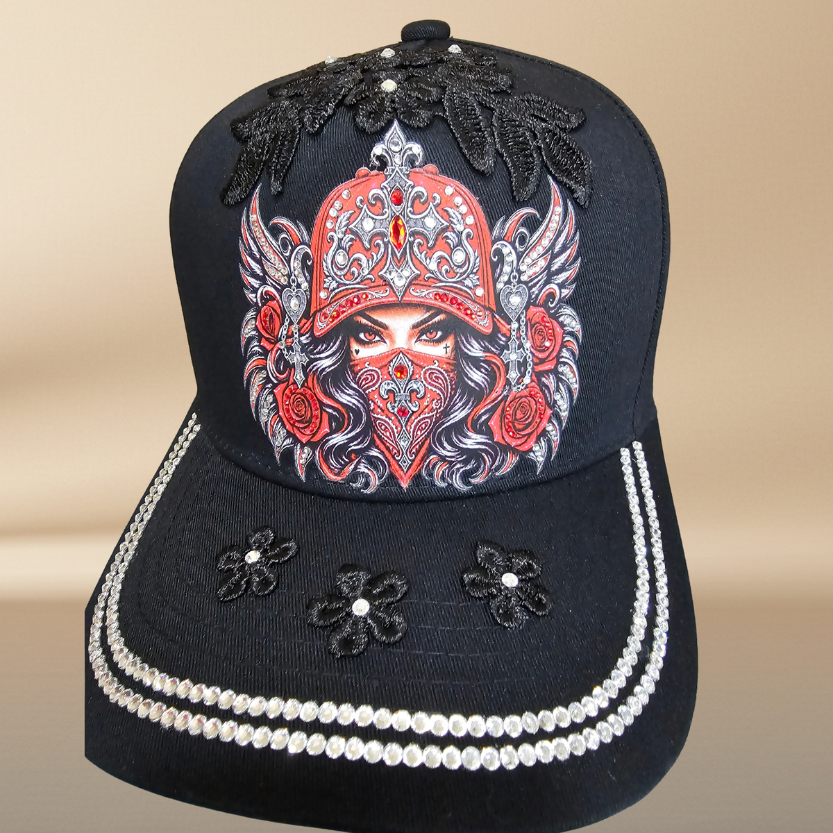 Masked Queen Embellished Black Cap | NAJ DESIGN