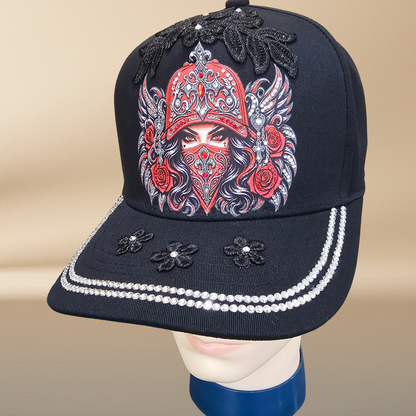 Masked Queen Embellished Black Cap | NAJ DESIGN