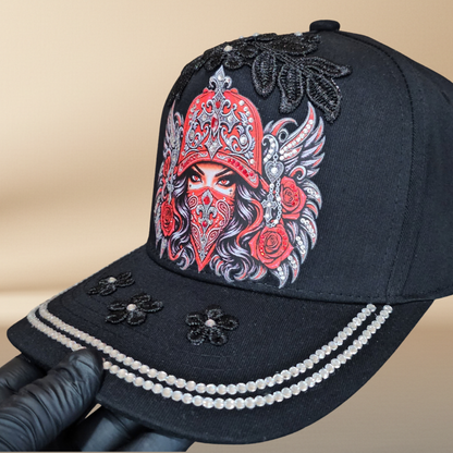 Masked Queen Embellished Black Cap | NAJ DESIGN