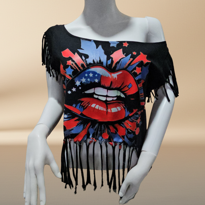 Patriotic Lips Fringe Crop Tee — Handmade