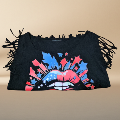 Patriotic Lips Fringe Crop Tee — Handmade