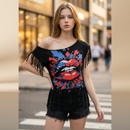 Patriotic Lips Fringe Crop Tee — Handmade