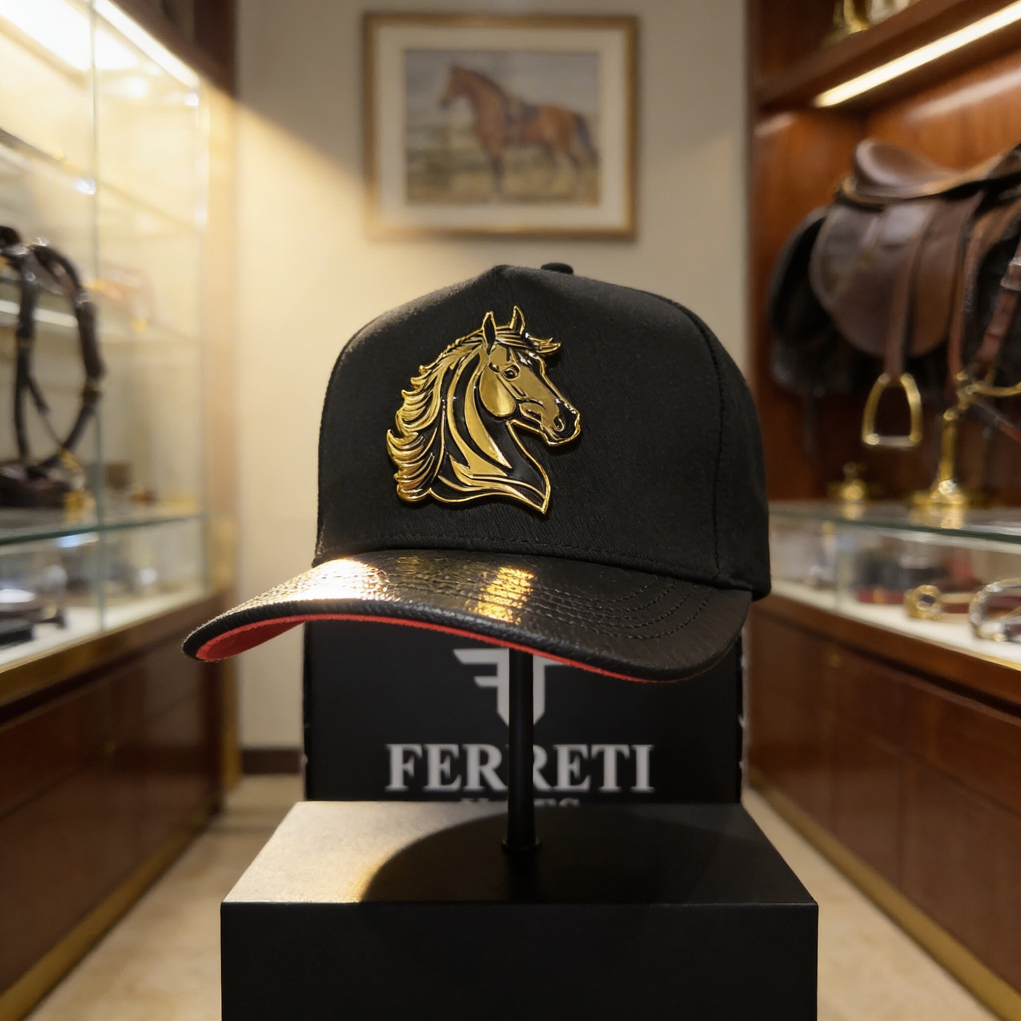 Original Ferreti Black Cap with Gold Horse Plate