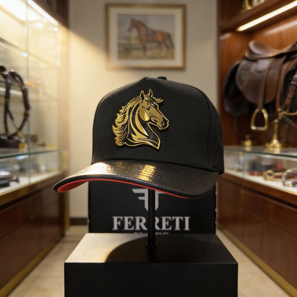 Original Ferreti Black Cap with Gold Horse Plate