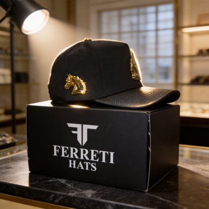 Original Ferreti Black Cap with Gold Horse Plate
