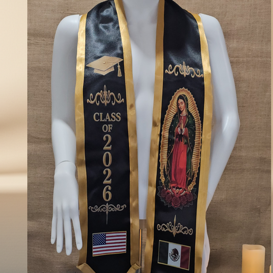 Class of 2026 Guadalupe Graduation Stole – Black & Gold | USA & Mexico Flags | DTF Print