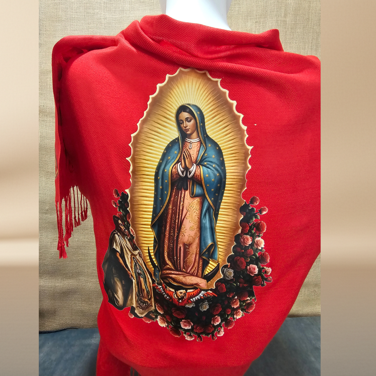 Our Lady of Guadalupe & Juan Diego Red Satin Shawl | Rose Corner Print | Women's Wrap
