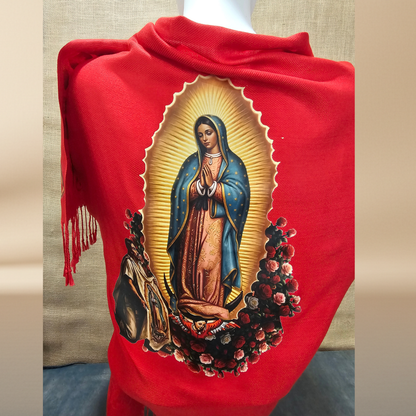 Our Lady of Guadalupe & Juan Diego Red Satin Shawl | Rose Corner Print | Women's Wrap