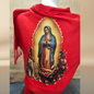 Our Lady of Guadalupe & Juan Diego Red Satin Shawl | Rose Corner Print | Women's Wrap