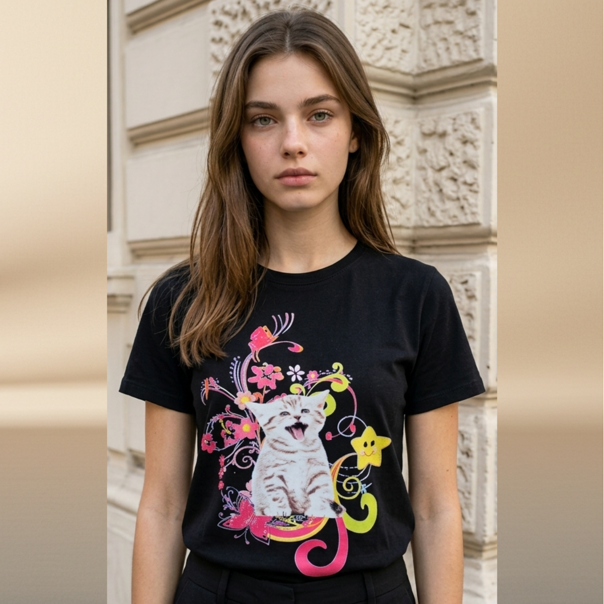 Black "Happy Kitty" Tee — Floral Halftone Graphic Print | NAJ Design