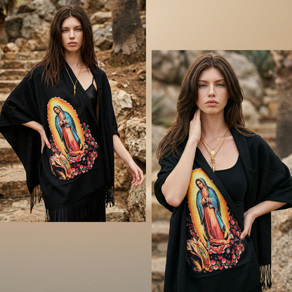 Our Lady of Guadalupe Black Rebozo Shawl – DTF Halftone Print