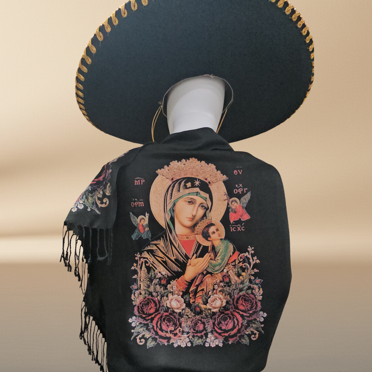 Our Lady of Perpetual Help Black Rebozo Shawl – DTF Halftone Print