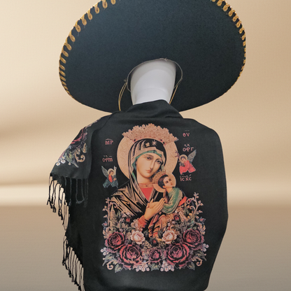 Our Lady of Perpetual Help Black Rebozo Shawl – DTF Halftone Print