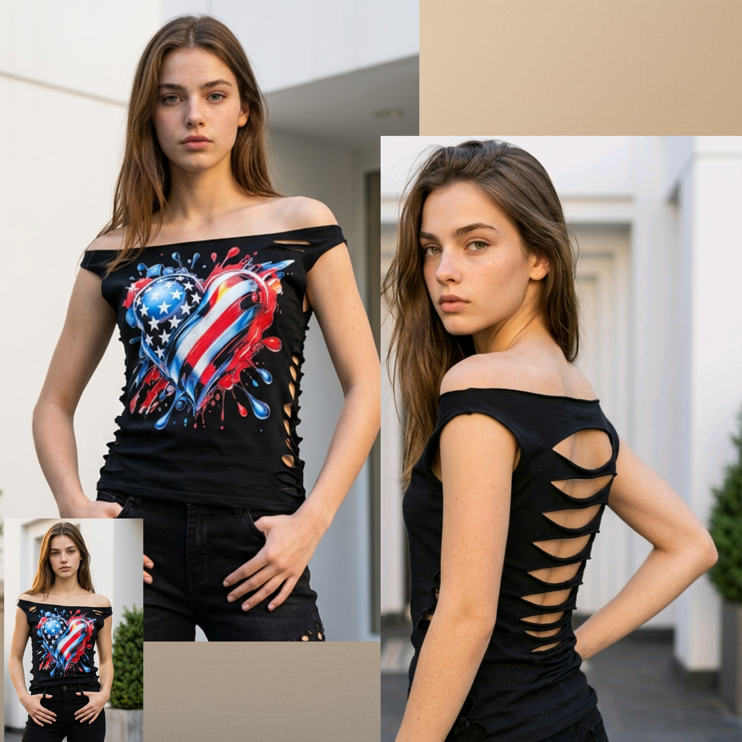 Playera negra corazón USA halftone en maniquí - vista frontal