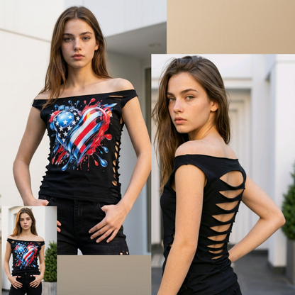 Playera negra corazón USA halftone en maniquí - vista frontal