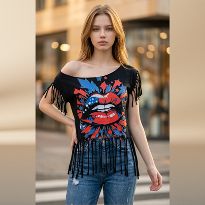 Patriotic Lips Fringe Crop Tee — Handmade