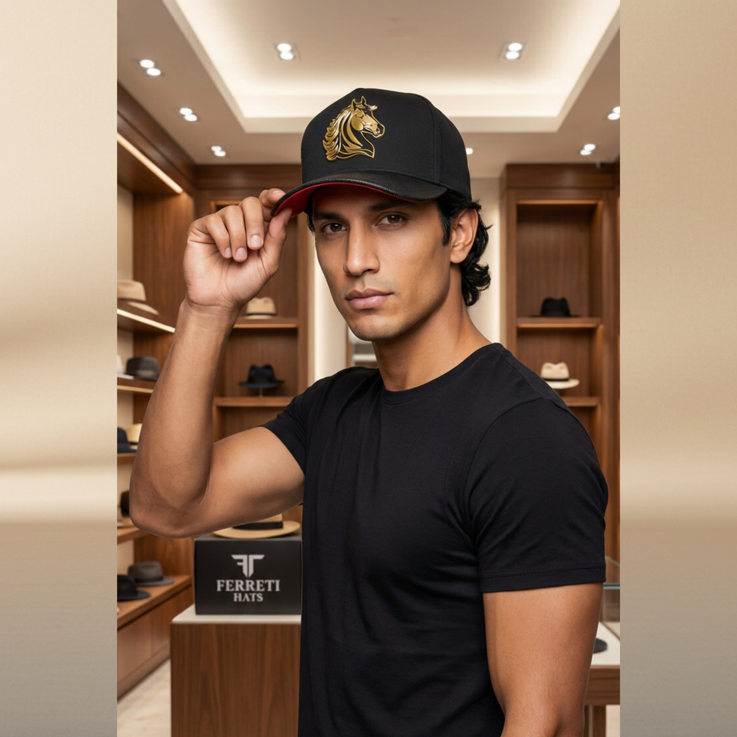 Original Ferreti Black Cap with Gold Horse Plate