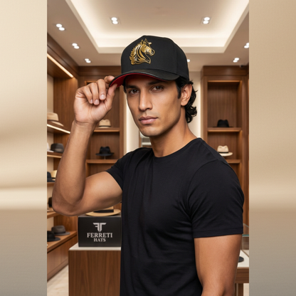 Original Ferreti Black Cap with Gold Horse Plate