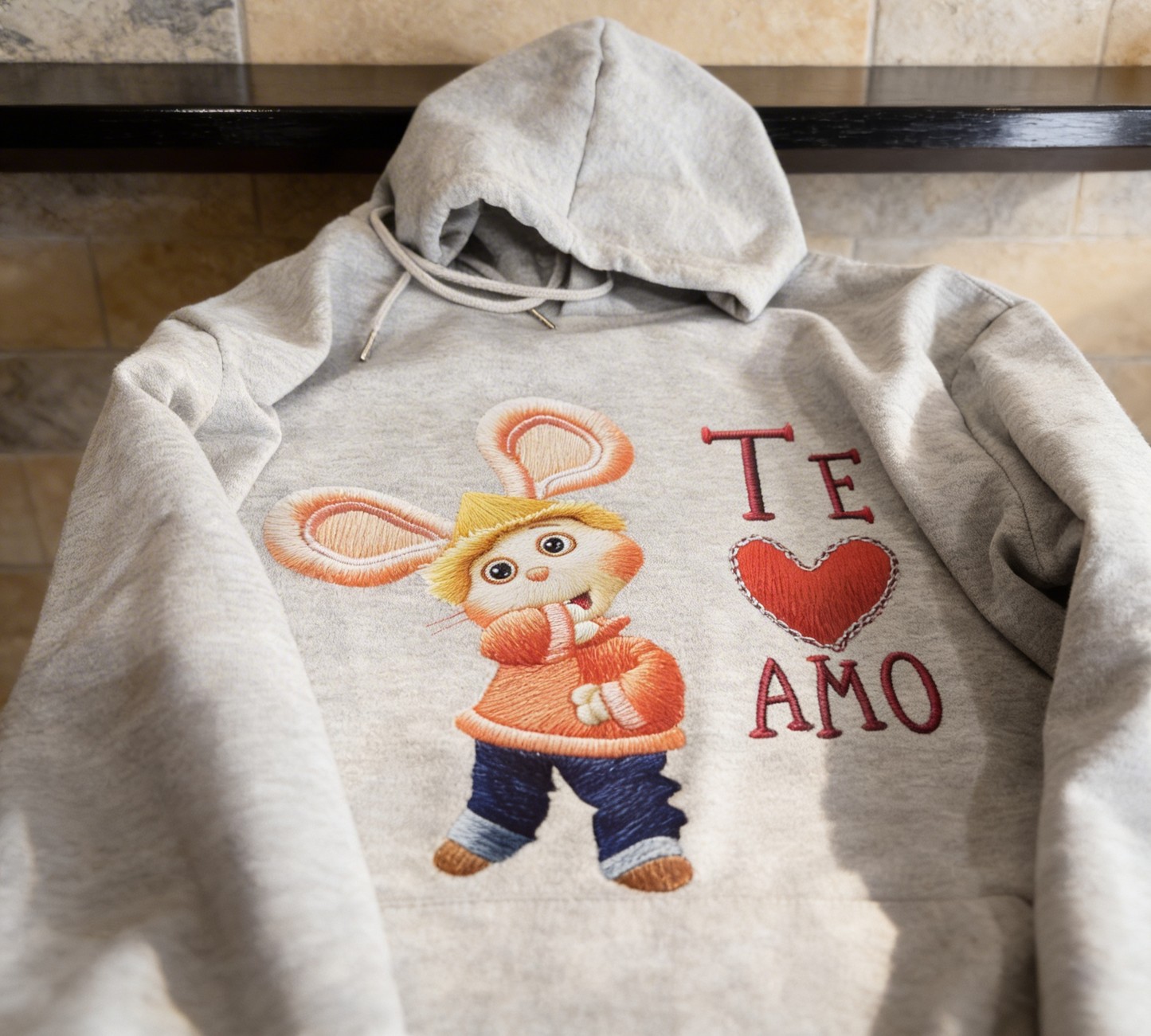 Topo Gigio Hoodie – Light Gray DTF Embroidery-Look