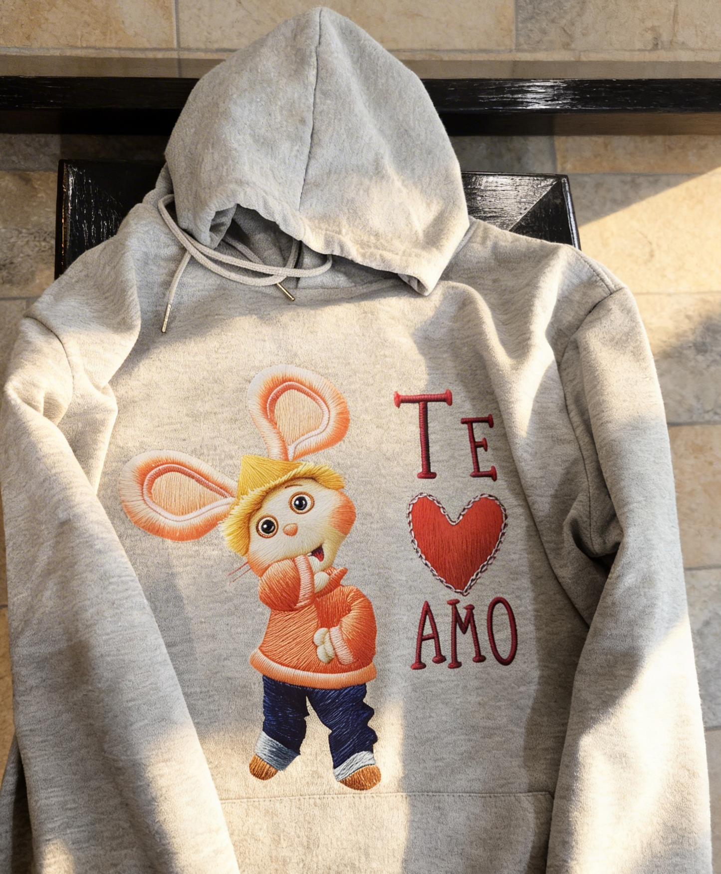 Topo Gigio Hoodie – Light Gray DTF Embroidery-Look